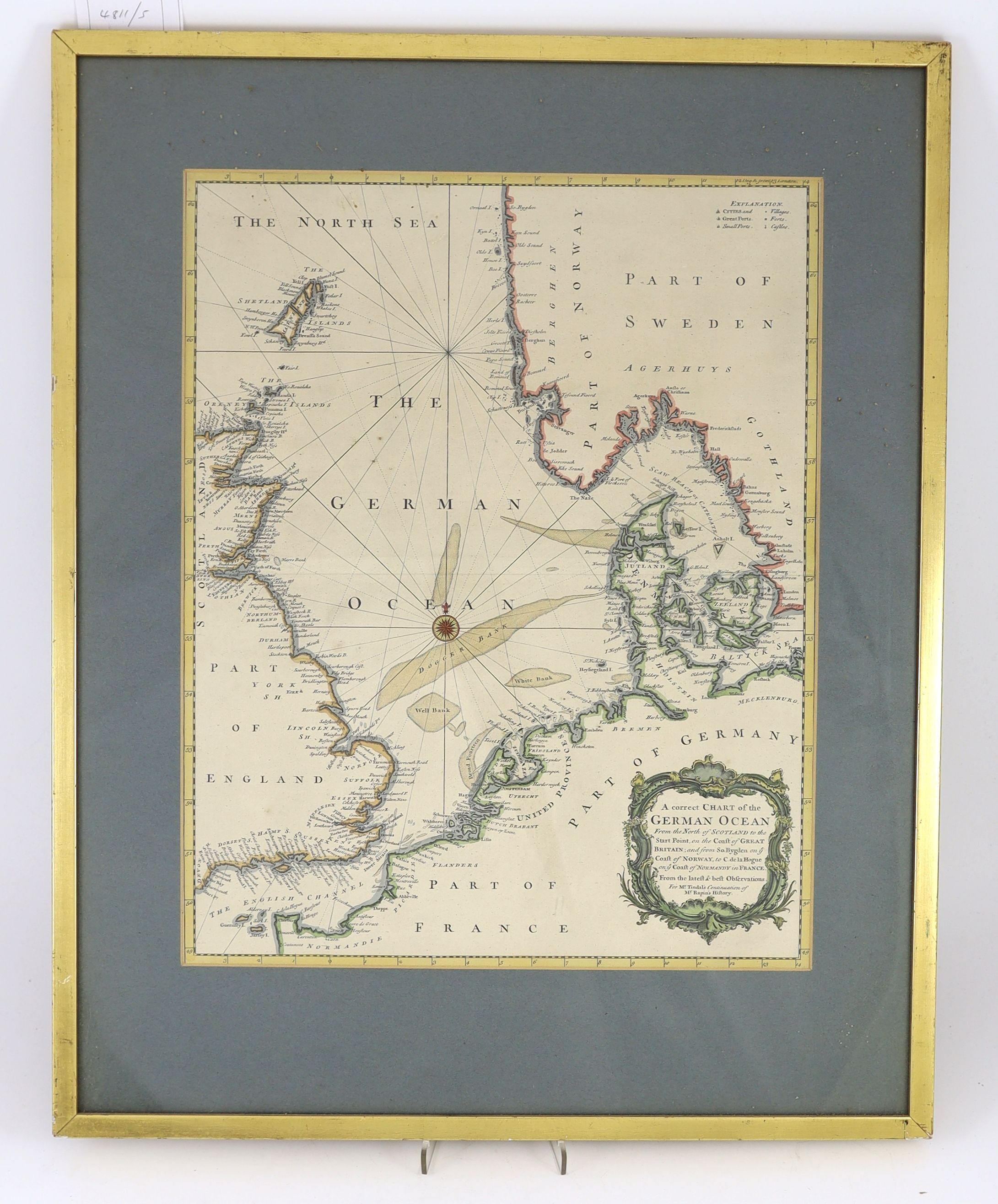 Norden, John. - Sussexia, engraved hand-coloured map of Sussex, framed and glazed, [1637], (image 22 x 39cms.) [Seale?] A correct chart of the German Ocean [i.e. North Sea]... for Mr Tindal’s continuation of Mr Rapin’s H